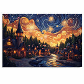 Enchanting 4th of July Village with Fireworks and Swirling Starry Sky, Glowing Cottages and Flags in a Whimsical Nighttime Celebration of Light and Freedom on Ready to Hang 1.5" Thick Canvas Wrap, Floating Framed Canvas, Flat Rolled Canvas