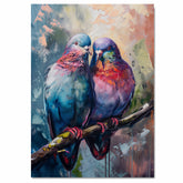Two Colorful Pigeons Sitting Together on a Branch with Iridescent Feathers in Soft Pastel Background Highlighting Their Unique Plumage and Companionship on Ready to Hang 1.5" Thick Canvas Wrap, Floating Framed Canvas, Flat Rolled Canvas