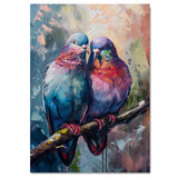 Two Colorful Pigeons Sitting Together on a Branch with Iridescent Feathers in Soft Pastel Background Highlighting Their Unique Plumage and Companionship on Ready to Hang 1.5" Thick Canvas Wrap, Floating Framed Canvas, Flat Rolled Canvas