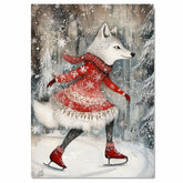 Whimsical Christmas Wolf Ice Skating Print – Woodland Animal Winter Art in Red Snowflake Dress, Cozy Holiday Nursery Wall Decor or Gift for Animal Lovers on Ready to Hang 1.5" Thick Canvas Wrap, Floating Framed Canvas, Flat Rolled Canvas