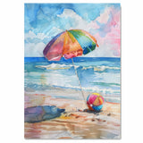 Watercolor Painting of Vibrant Beach Umbrella and Ball on Shoreline with Soft Ocean Waves and Pastel Sky for Summer Vibes on Ready to Hang 1.5" Thick Canvas Wrap, Floating Framed Canvas, Flat Rolled Canvas