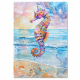Whimsical Watercolor Painting of a Jewel-Toned Seahorse with Ocean Waves and Sunset Sky on Ready to Hang 1.5" Thick Canvas Wrap, Floating Framed Canvas, Flat Rolled Canvas