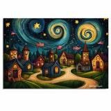 4th of July Fireworks, Flags, Stars & Swirled Sky Village Scene – Decorative Patriotic on Ready to Hang 1.5" Thick Canvas Wrap, Floating Framed Canvas, Flat Rolled Canvas