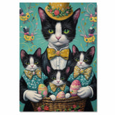 Springtime Celebration: Black and White Cat Mom Carrying Three Kittens in an Egg-Filled Basket on Ready to Hang 1.5" Thick Canvas Wrap, Floating Framed Canvas, Flat Rolled Canvas