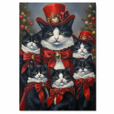 Festive Whiskers: Tuxedo Cat Mom with Five Kittens Adorned in Red Ribbons on Ready to Hang 1.5" Thick Canvas Wrap, Floating Framed Canvas, Flat Rolled Canvas