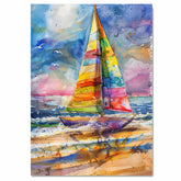 Vibrant Sailboat Watercolor Painting with Ocean Waves, Colorful Sky, and Reflections on the Shore on Ready to Hang 1.5" Thick Canvas Wrap, Floating Framed Canvas, Flat Rolled Canvas