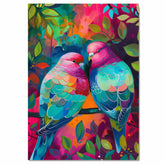 Vivid Lovebirds with Colorful Plumage on a Branch in a Bright Tropical Forest Scene on Ready to Hang 1.5" Thick Canvas Wrap, Floating Framed Canvas, Flat Rolled Canvas