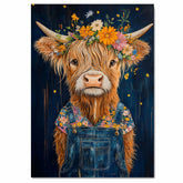 Happy Highland Cow in Overalls with Flower Crown Whimsical Hand Painted Floral Art Rustic Wall Decor for Farmhouse Kids Room Bedroom or Gift for Cow Lovers on Ready to Hang 1.5" Thick Canvas Wrap, Floating Framed Canvas, Flat Rolled Canvas