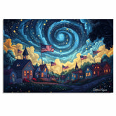 4th of July Village Celebration with Fireworks and Swirly Night Sky – Patriotic Folk Art Print on Ready to Hang 1.5" Thick Canvas Wrap, Floating Framed Canvas, Flat Rolled Canvas