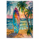 Watercolor Painting of Multicolored Surfboard at Tropical Beach Sunset with Palm Trees on Ready to Hang 1.5" Thick Canvas Wrap, Floating Framed Canvas, Flat Rolled Canvas