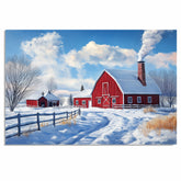 Frosted Memories – White Cottage and Red Barn in Wintertime on Ready to Hang 1.5" Thick Canvas Wrap, Floating Framed Canvas, Flat Rolled Canvas