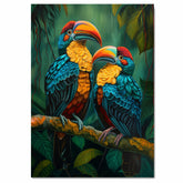 Colorful Toucan Pair Artwork Featuring Bright Beaks and Blue Plumage Perched in Lush Tropical Jungle with Rich Green Foliage and Bold Exotic Bird Details on Ready to Hang 1.5" Thick Canvas Wrap, Floating Framed Canvas, Flat Rolled Canvas