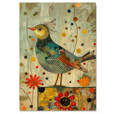 Charming Painting of a Whimsical Bird with Dotted Feathers and Abstract Flowers in Warm Earthy Colors Perfect for Nature Inspired or Eclectic Home Accents on Ready to Hang 1.5" Thick Canvas Wrap, Floating Framed Canvas, Flat Rolled Canvas
