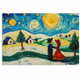 Folk Art of a Couple Dancing on a Snowy Christmas Night Beneath a Starry Sky in a Charming Winter Village on Ready to Hang 1.5" Thick Canvas Wrap, Floating Framed Canvas, Flat Rolled Canvas