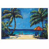 Tropical Beach Scene – Colorful Palm Tree and Ocean Folk Art Print on Ready to Hang 1.5" Thick Canvas Wrap, Floating Framed Canvas, Flat Rolled Canvas