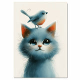 Big-Eyed Blue Kitten with Bird on Head Sweet and Whimsical Animal Illustration for Nursery or Kids Room Art Print Perfect for Cat and Bird Lovers on Ready to Hang 1.5" Thick Canvas Wrap, Floating Framed Canvas, Flat Rolled Canvas