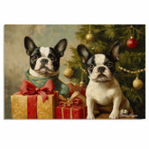 Christmas Canvas - "Frenchie Festive Cheer" - French Bulldogs with Vintage Christmas Tree and Presents on Ready to Hang 1.5" Thick Canvas Wrap, Floating Framed Canvas, Flat Rolled Canvas