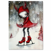 Whimsical Christmas Devil Girl Ice Skating in Red Hood and Dress Fantasy Winter Art Print or Canvas for Holiday Decor and Unique Gothic Gift on Ready to Hang 1.5" Thick Canvas Wrap, Floating Framed Canvas, Flat Rolled Canvas