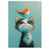 Adorable Cat with Bell and Cheerful Bird on Head Illustration Perfect for Kids Room Nursery and Animal Lovers Unique Gift Idea for Cat and Bird Enthusiasts on Ready to Hang 1.5" Thick Canvas Wrap, Floating Framed Canvas, Flat Rolled Canvas