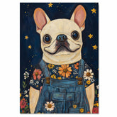 French Bulldog in Denim Overalls and Floral Shirt Dog Art for Nursery Farmhouse Bedroom Living Room Dog Lover Gift Whimsical Animal Decor on Ready to Hang 1.5" Thick Canvas Wrap, Floating Framed Canvas, Flat Rolled Canvas