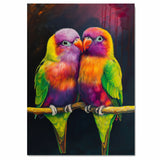 Vivid Lovebird Pair Artwork Featuring Rainbow Feathers in Purple Green Yellow and Orange on a Branch Against a Deep Dark Background with Artistic Flair on Ready to Hang 1.5" Thick Canvas Wrap, Floating Framed Canvas, Flat Rolled Canvas