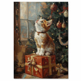 Retro Christmas Kitten Print Orange and White Cat Sitting on Gift Box with Christmas Tree in Cozy Vintage Style Perfect for Festive Winter and Holiday Decor on Ready to Hang 1.5" Thick Canvas Wrap, Floating Framed Canvas, Flat Rolled Canvas