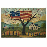 Charming Folk Art Scene of 4th of July Celebration with American Flag Tree, Village Parade, and Country Landscape in a Whimsical Patriotic Americana Style on Ready to Hang 1.5" Thick Canvas Wrap, Floating Framed Canvas, Flat Rolled Canvas