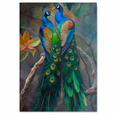 Elegant Peacock Pair Artwork Featuring Lush Green and Blue Feathers with Golden Accents Perched Gracefully Against a Soft Misty Forest Background on Ready to Hang 1.5" Thick Canvas Wrap, Floating Framed Canvas, Flat Rolled Canvas