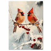Vintage Style Painting of Two Red Cardinals on a Snowy Branch with Berries Ideal for Christmas Decoration or a Thoughtful Seasonal Gift for Bird Lovers on Ready to Hang 1.5" Thick Canvas Wrap, Floating Framed Canvas, Flat Rolled Canvas