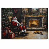 Santa Claus by the Fireplace with Dog – Cozy Christmas Wall Art Print on Ready to Hang 1.5" Thick Canvas Wrap, Floating Framed Canvas, Flat Rolled Canvas
