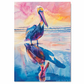 Colorful Pelican Watercolor Painting with Ocean Sunset and Reflected Shoreline View on Ready to Hang 1.5" Thick Canvas Wrap, Floating Framed Canvas, Flat Rolled Canvas