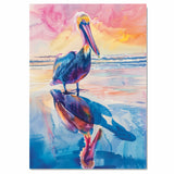 Colorful Pelican Watercolor Painting with Ocean Sunset and Reflected Shoreline View on Ready to Hang 1.5" Thick Canvas Wrap, Floating Framed Canvas, Flat Rolled Canvas