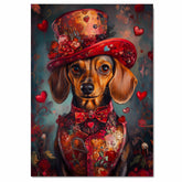 Charming Romance: Dachshund in a European-Inspired Elegant Red Dress and Hat Sophisticated Heartfelt Painting on Ready to Hang 1.5" Thick Canvas Wrap, Floating Framed Canvas, Flat Rolled Canvas