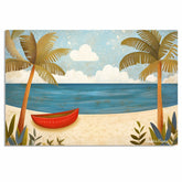 Tropical Beach Escape – Colorful Folk Art Style Wall Print with Palm Trees on Ready to Hang 1.5" Thick Canvas Wrap, Floating Framed Canvas, Flat Rolled Canvas