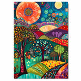Vibrant Folk Art Landscape Canvas – Colorful Trees, Hills, and Sunbursts in Whimsical Abstract Style on Ready to Hang 1.5" Thick Canvas Wrap, Floating Framed Canvas, Flat Rolled Canvas