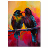 Two Vibrant Black Birds Sitting on a Branch with Bold Neon Colors and Dramatic Yellow and Red Background Capturing a Lively and Expressive Moment in Nature on Ready to Hang 1.5" Thick Canvas Wrap, Floating Framed Canvas, Flat Rolled Canvas