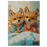 Delightful Painting of Two Fox or Wolf Pups in Colorful Pajamas with Happy Expressions Perfect for Nursery Kids Room or Gift for Animal Lovers on Ready to Hang 1.5" Thick Canvas Wrap, Floating Framed Canvas, Flat Rolled Canvas