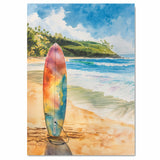 Watercolor Painting of a Multicolored Surfboard on a Sunny Beach with Ocean Waves and Palm-Covered Green Hills in the Background on Ready to Hang 1.5" Thick Canvas Wrap, Floating Framed Canvas, Flat Rolled Canvas