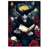 Dark Fantasy Devil Figure Reading a Book Amid Red Roses and Skulls, Gothic Surreal Scene with Horns, Glowing Eyes, and Swirling Starry Background on Ready to Hang 1.5" Thick Canvas Wrap, Floating Framed Canvas, Flat Rolled Canvas