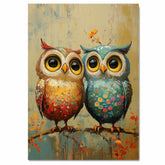 Vibrant Painting of Two Cute Owls with Big Eyes and Floral Patterns Sitting on a Branch in a Whimsical Textured Style on Ready to Hang 1.5" Thick Canvas Wrap, Floating Framed Canvas, Flat Rolled Canvas