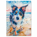 Watercolor Painting of a Multicolored Dog on the Beach – Energetic Coastal Pet Art Print in Vibrant Colors on Ready to Hang 1.5" Thick Canvas Wrap, Floating Framed Canvas, Flat Rolled Canvas