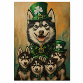 Lucky Paws: Siberian Husky with Adorable Puppies Dressed in St. Patrick's Day Outfits on Ready to Hang 1.5" Thick Canvas Wrap, Floating Framed Canvas, Flat Rolled Canvas