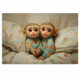 Precious Painting of Two Baby Monkeys in Colorful Pajamas Cuddled Close on Soft Floral Bedding with Big Eyes and Sweet Expressions in a Cozy Setting on Ready to Hang 1.5" Thick Canvas Wrap, Floating Framed Canvas, Flat Rolled Canvas