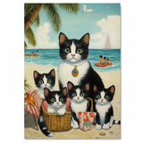 Sun-Kissed Whiskers: Tuxedo Cat Mom and Four Kittens by the Tropical Shore on Ready to Hang 1.5" Thick Canvas Wrap, Floating Framed Canvas, Flat Rolled Canvas