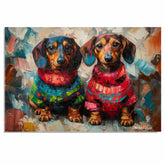 Dachshund Christmas Canvas - "Wiener Doxie Duo Charm" - Cozy Sweater Pair on Abstract Oil-Style Background on Ready to Hang 1.5" Thick Canvas Wrap, Floating Framed Canvas, Flat Rolled Canvas