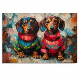 Dachshund Christmas Canvas - "Wiener Doxie Duo Charm" - Cozy Sweater Pair on Abstract Oil-Style Background on Ready to Hang 1.5" Thick Canvas Wrap, Floating Framed Canvas, Flat Rolled Canvas