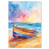 Watercolor Painting of Colorful Wooden Boat on Sandy Shore with Sunrise Reflections and Bright Ocean Waves Under Vibrant Sky on Ready to Hang 1.5" Thick Canvas Wrap, Floating Framed Canvas, Flat Rolled Canvas