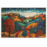 Vibrant Christmas Village with Decorated Trees and Rolling Hills – Festive Folk Art Landscape on Ready to Hang 1.5" Thick Canvas Wrap, Floating Framed Canvas, Flat Rolled Canvas
