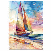Watercolor Painting of Multicolored Sailboat on Ocean with Sunset Sky and Seagulls on Ready to Hang 1.5" Thick Canvas Wrap, Floating Framed Canvas, Flat Rolled Canvas