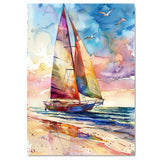 Watercolor Painting of Multicolored Sailboat on Ocean with Sunset Sky and Seagulls on Ready to Hang 1.5" Thick Canvas Wrap, Floating Framed Canvas, Flat Rolled Canvas
